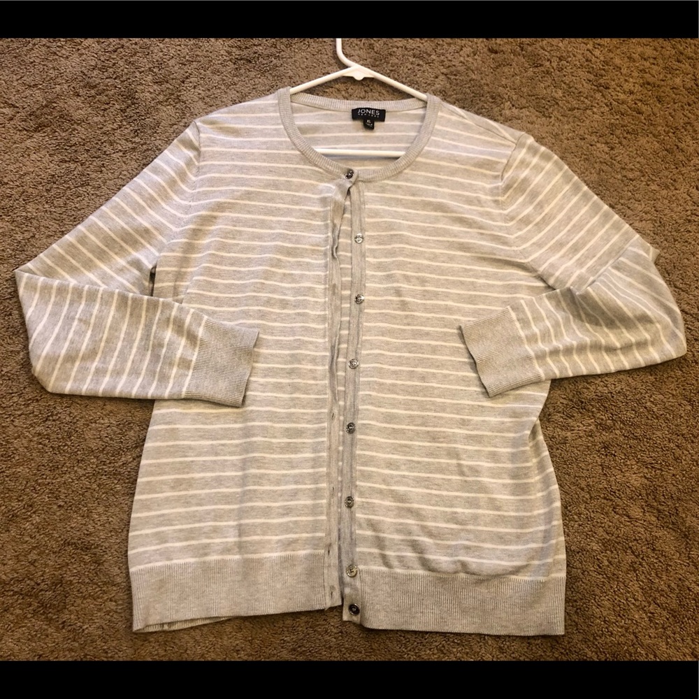 Jones New York Gray Knit Striped Button Up Cardigan Sweater XL
